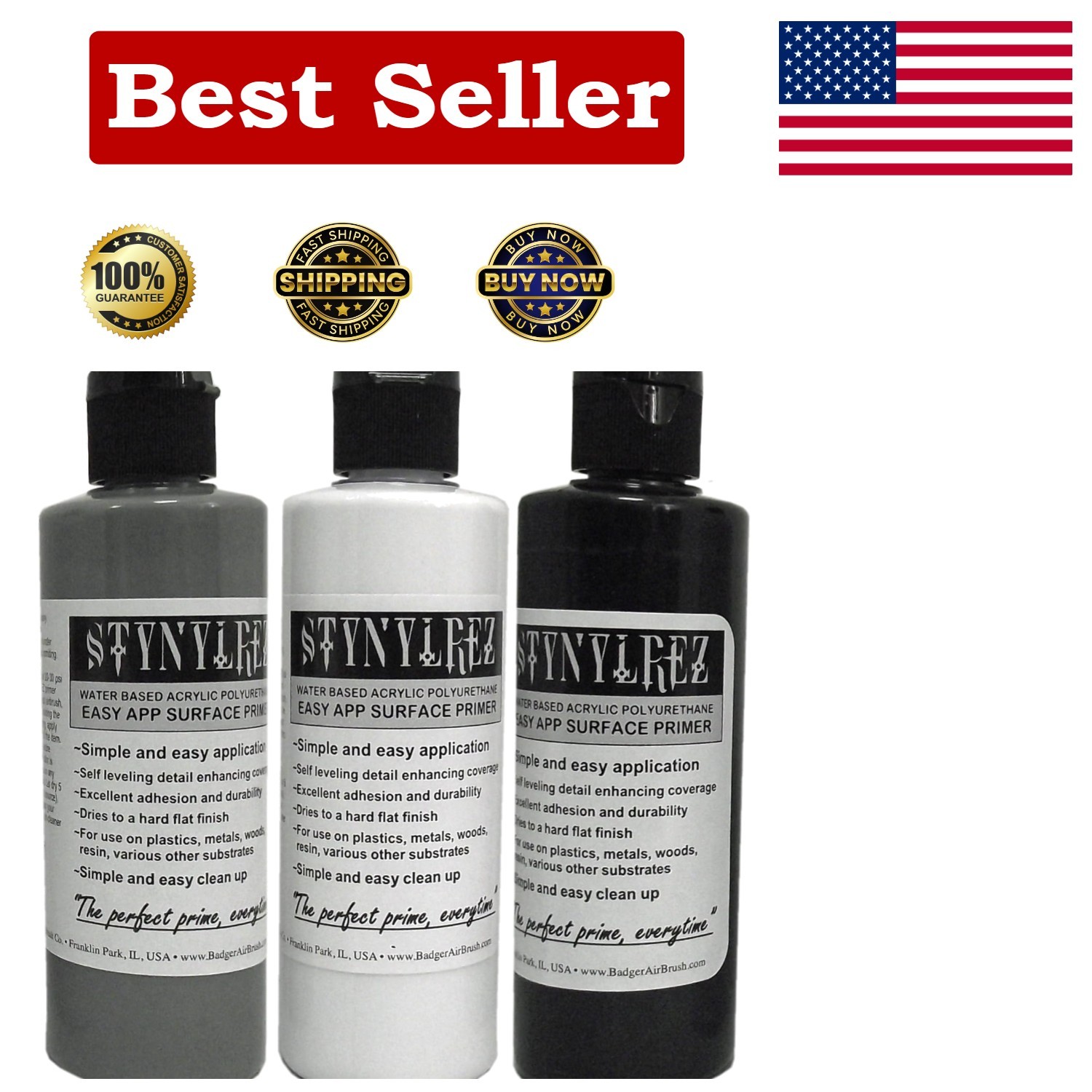 Badger 3-Tone Fast-Drying Acrylic Airbrush Primer – White, Gray, Black, 12oz