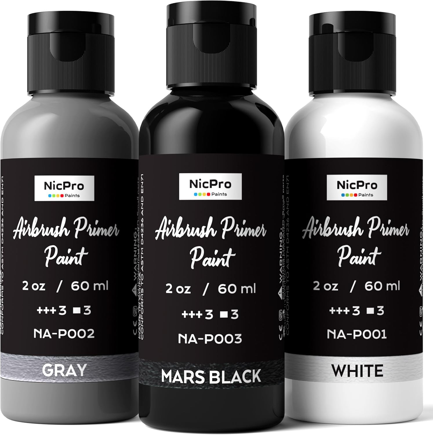 Black, Gray, White Surface Primer Airbrush Paint (2oz, 60 ml), Matte Finish, Rea
