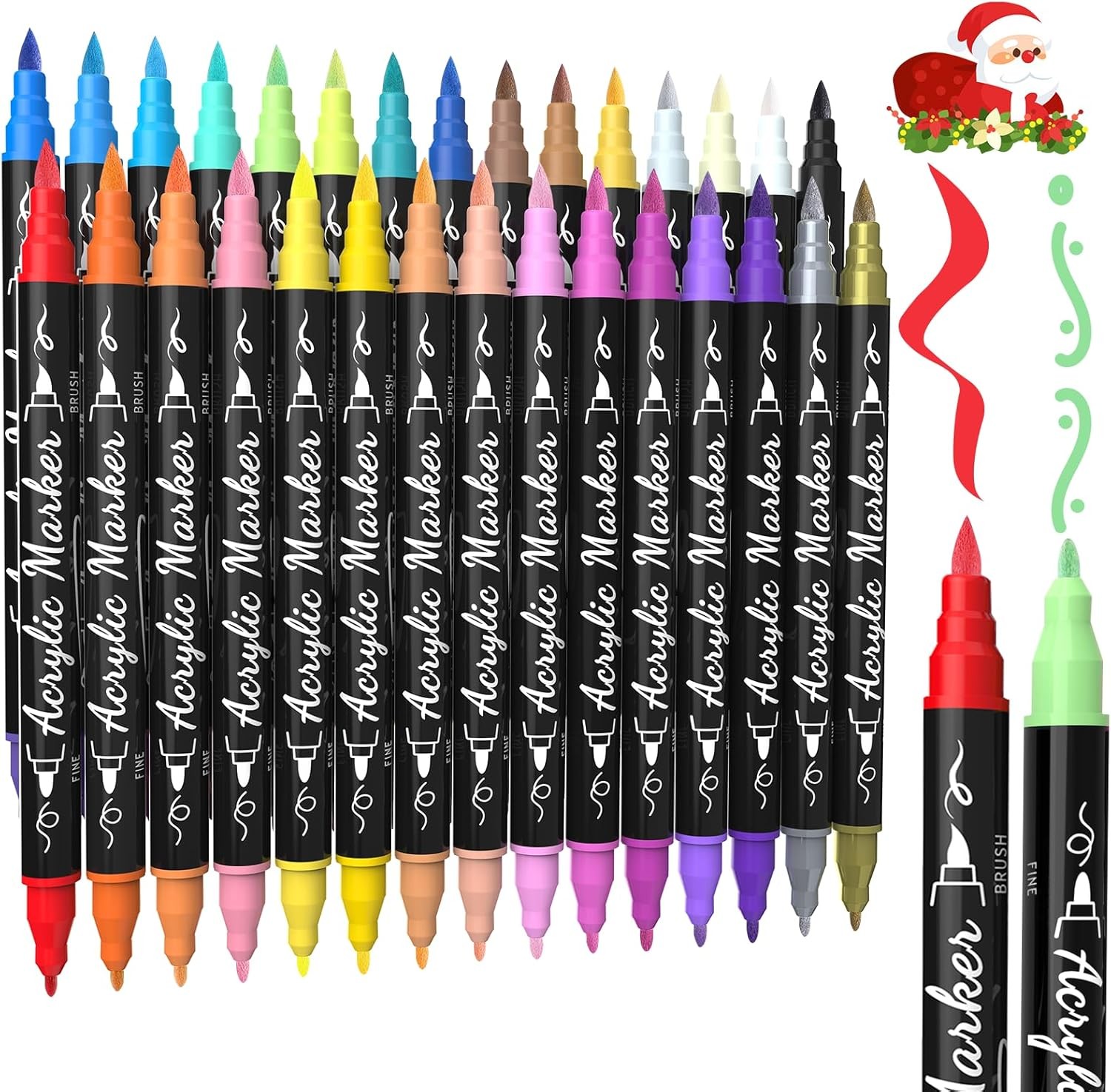 30 Colors Dual Tip Acrylic Paint Markers, Premium Brush&Fine Acrylic Paint Pens