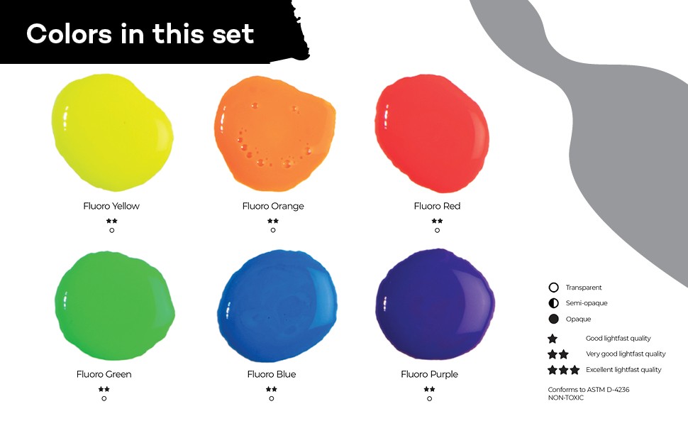 Acrylic Ink Premium 6pc x 20ml (0.7 US fl.oz), Acrylic Inks for Artists, Fluoro