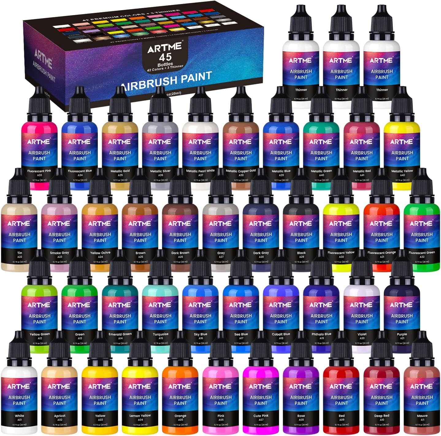 Airbrush Paint, 42 Colors with 3 Thinner, Ready to Spray, Opaque & Water Based