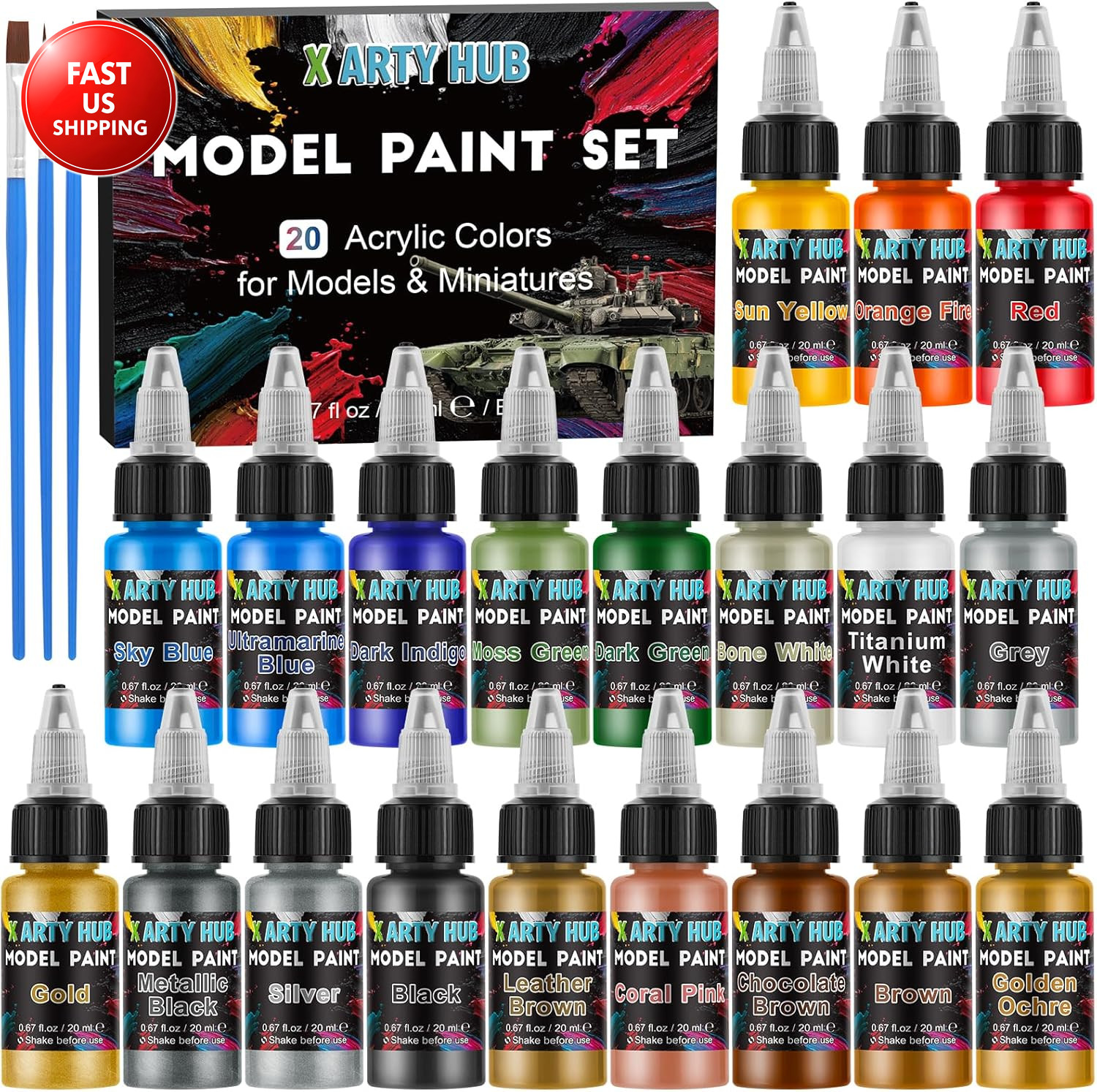 Model Paint Set – 20 Colors with 3 Brushes, Miniature Paints (Base/Skin Tones/Sh
