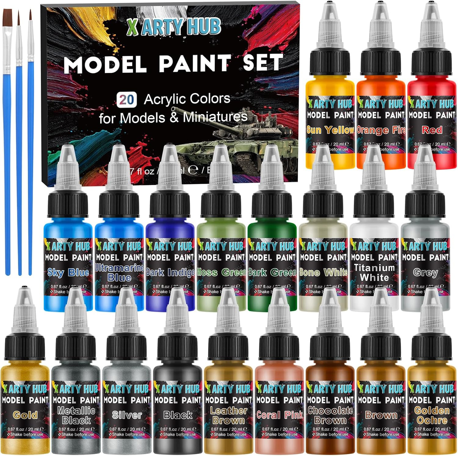 Model Paint Set – 20 Colors with 3 Brushes, Miniature Paints (Base/Skin Tones/Sh