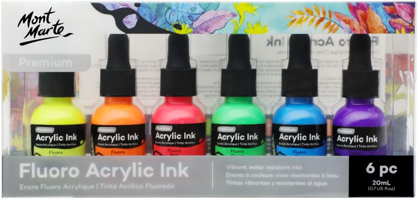 Acrylic Ink Premium 6pc x 20ml (0.7 US fl.oz), Acrylic Inks for Artists, Fluoro