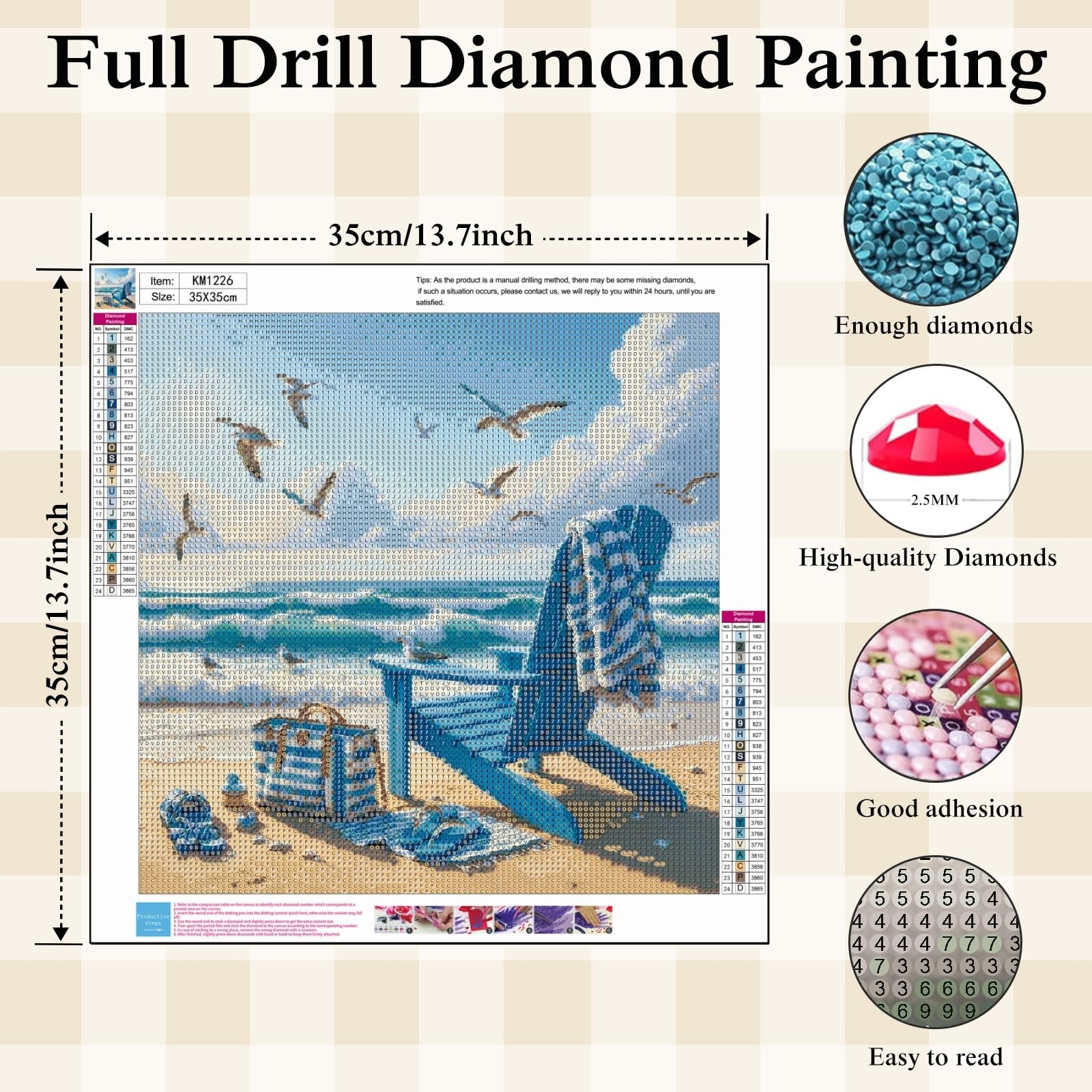 Beach 5D Diamond Painting Kit for Adults, Ocean Scene Diamond Art Kits | Full