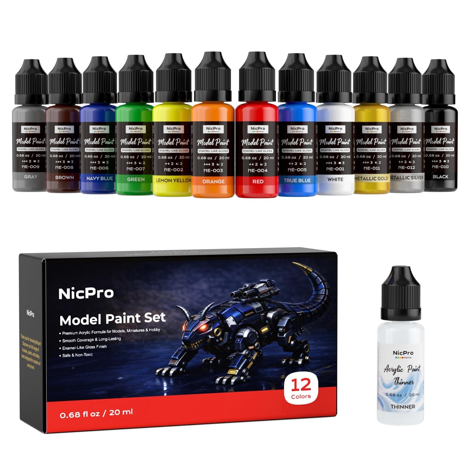 12 Colors Acrylic Paint Set – Gloss Finish, 20ml, Airbrush & Brush Compatible, M