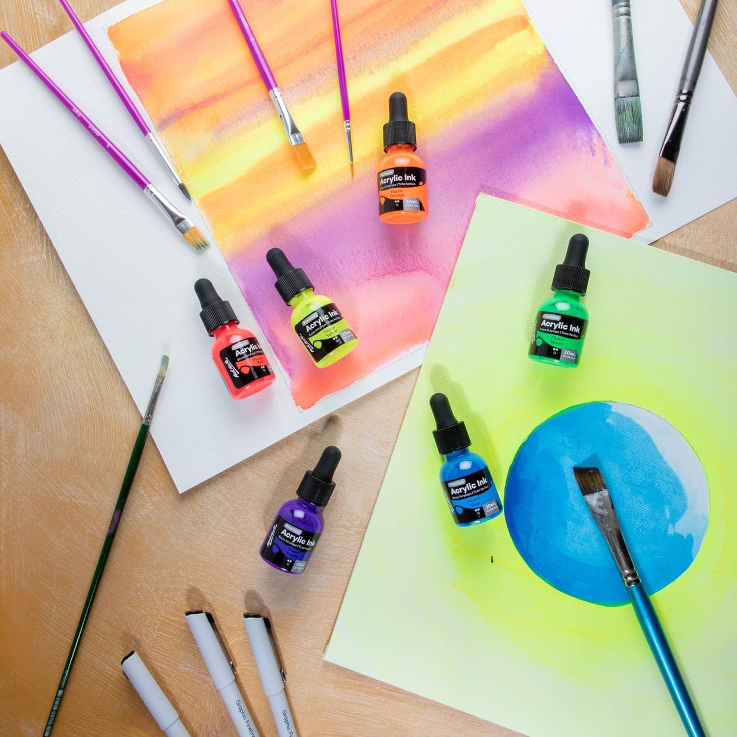 Acrylic Ink Premium 6pc x 20ml (0.7 US fl.oz), Acrylic Inks for Artists, Fluoro