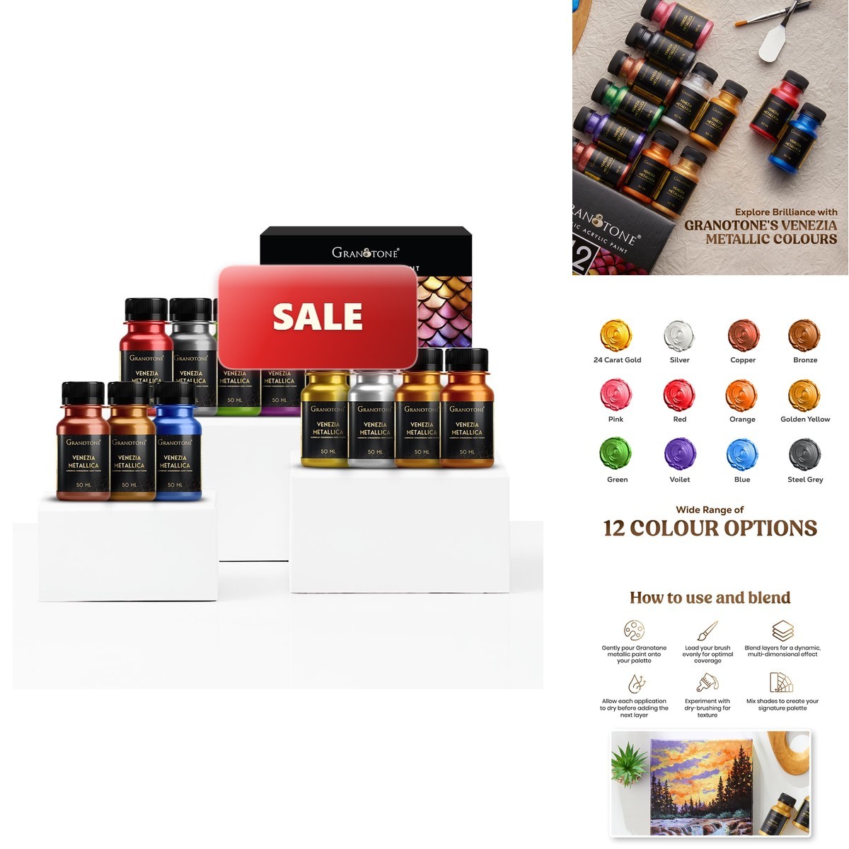 GRANOTONE Acrylic Venezia Metallic Colour 12 Metallic Shades 50 Ml Extra Sheen