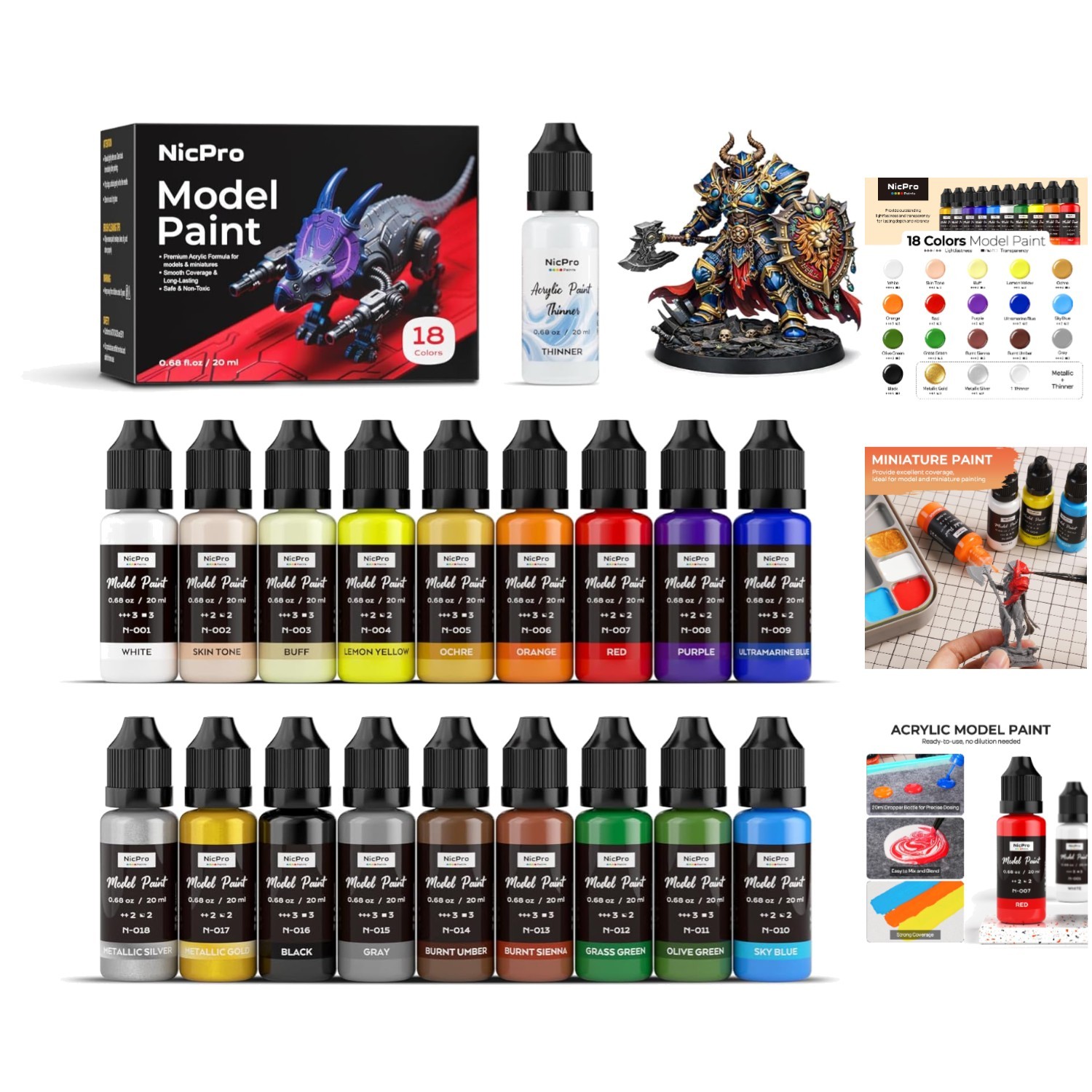 Versatile Miniature Paint Set – 18 Colors, Non-Toxic Acrylics & Thinner Included