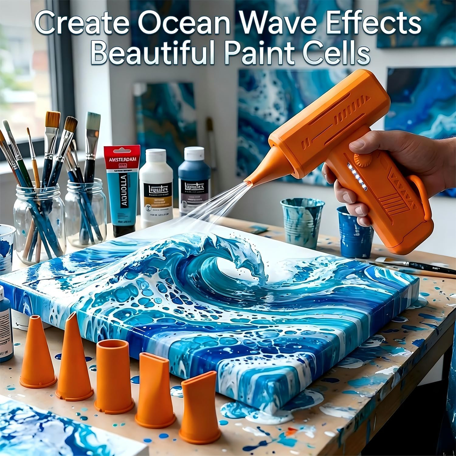 Cordless 6-Nozzle Paint Pouring Blower, Cool Air for Acrylic Floetrol Watercolor
