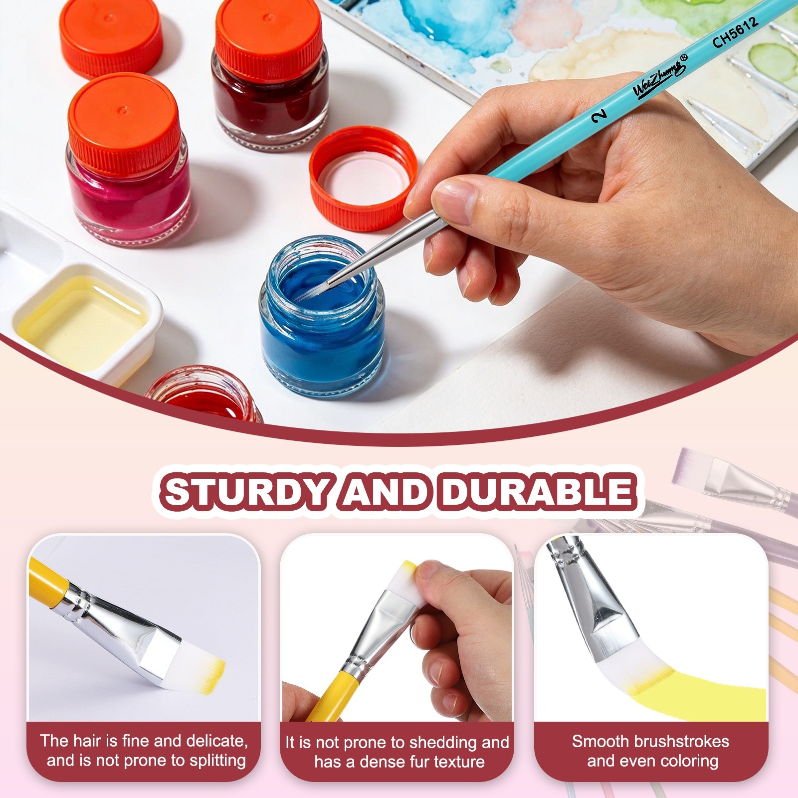 3Pcs Soft Fine Hair Oil Paint Brushes, 14# Watercolor Paint Brush, Yellow