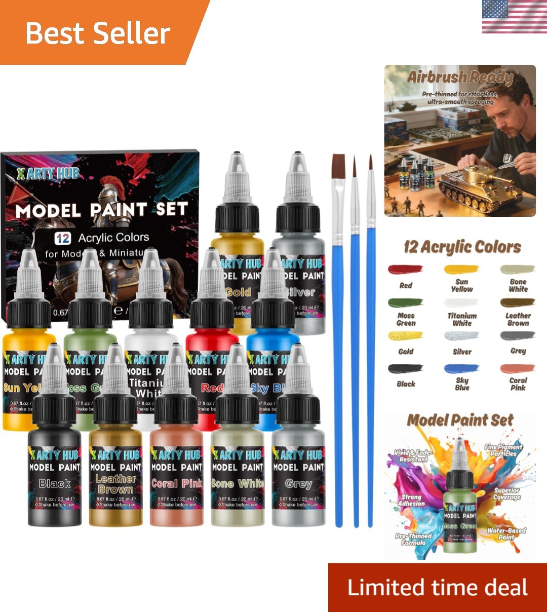 X Arty Hub 12-Color Acrylic Painting Kit: Fast-Drying Miniature Set with Brushes