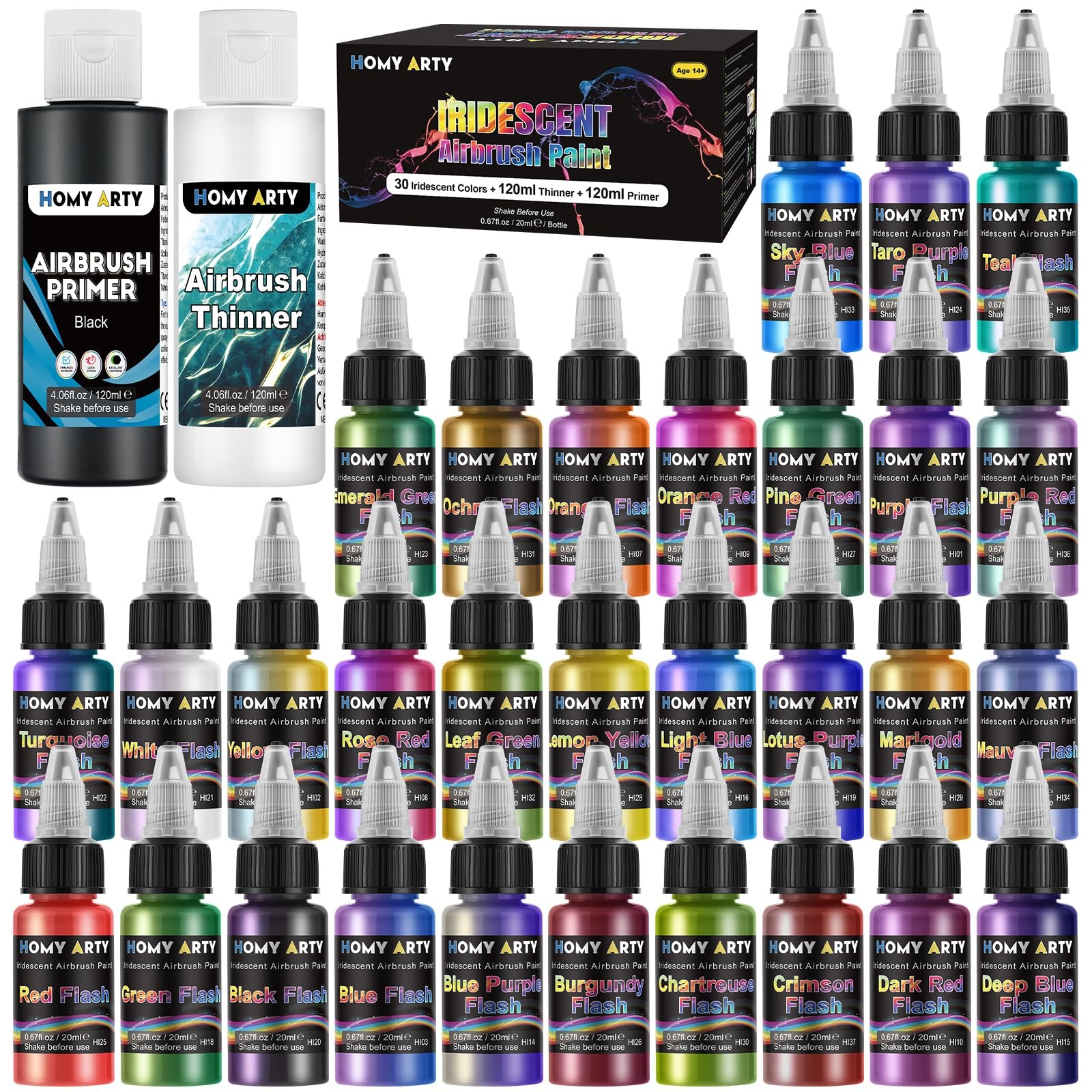 Iridescent Airbrush Paint – 30 Colors with 4.05 fl oz Thinner and 4.05 fl oz …